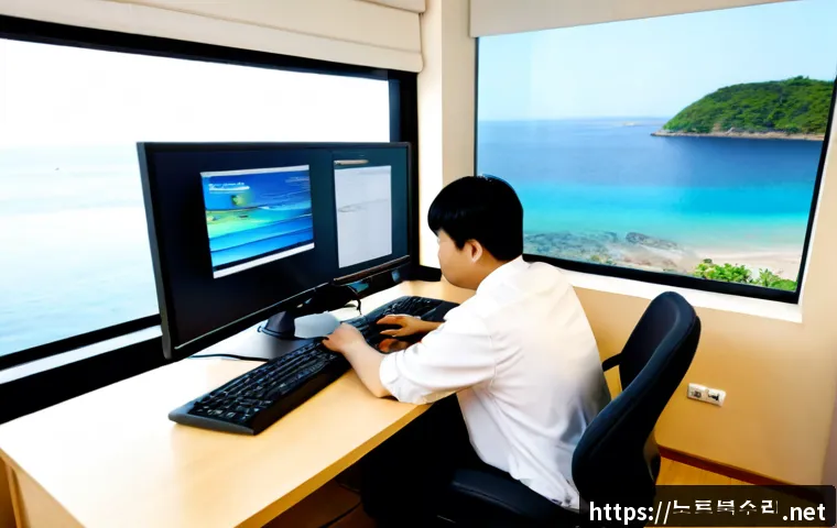서도면 centos재설치 포맷 초기화 - Photorealistic remote IT support workstation in a quiet coastal township office, technician reinstal...