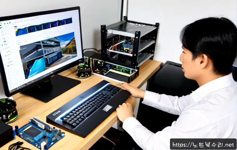 하남시 SSD조립 및 교체수리 - Photorealistic desktop PC repair bench in a Hanam apartment home office, technician installing a sle...