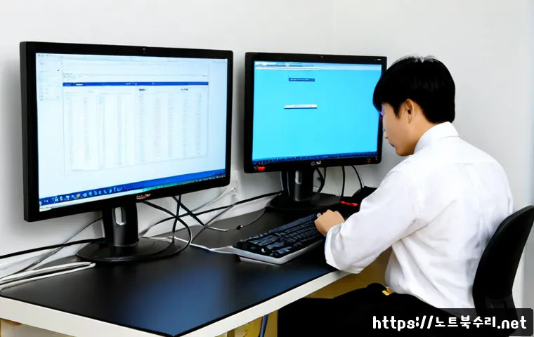 부림동 STATUS_INVALID_DISPOSITION - Photorealistic IT support workstation in a compact Korean office near Buryim-dong, dual monitors sho...