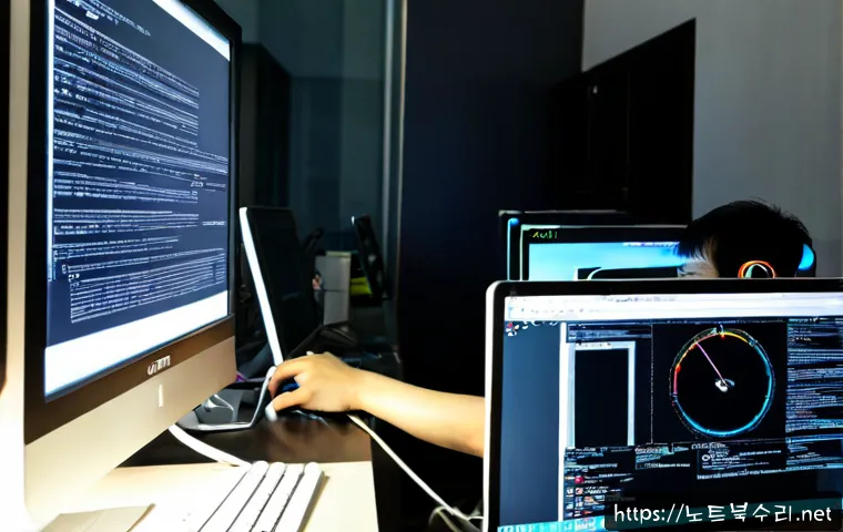 학익동 STATUS_KERNEL_INIT_FAILURE - Photorealistic IT technician at a dual-monitor workstation in a compact Incheon office, diagnosing a...
