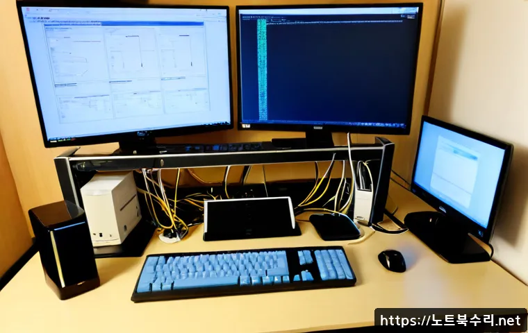 식사동 ATTEMPTED_EXECUTE_OF_NOEXECUTE_MEMORY - Photorealistic IT support workstation in a quiet Ilsandong-gu apartment office, dual monitors displa...