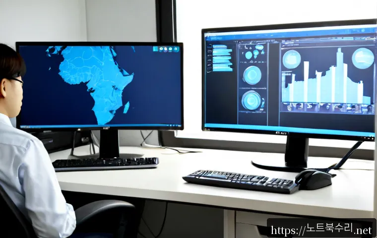 고삼면 KERNEL_SECURITY_CHECK_FAILURE - Photorealistic IT support workstation in a quiet semi-rural Korean office, dual monitors showing abs...
