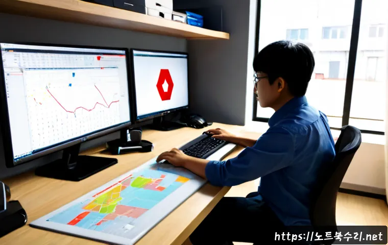 정왕동 STATUS_FLOAT_DIVIDE_BY_ZERO - Photorealistic software support workstation in Jeongwang-dong, engineer studying a dual-monitor 3D C...