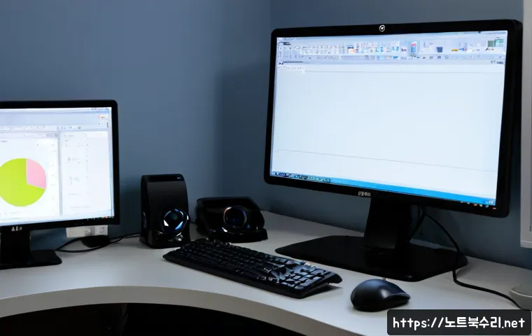 회천동 STATUS_SESSION_TIMEOUT - Photorealistic IT support workstation in a compact Korean suburban office, dual monitors showing a b...