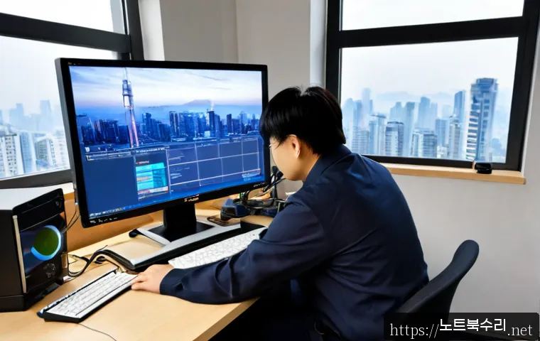 월계동 STATUS_KERNEL_THREAD_FAILURE - Photorealistic IT support workstation in a compact apartment office, desktop monitor showing a blank...