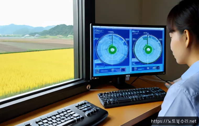 백암면 THREAD_STUCK_IN_DEVICE_DRIVER - Photorealistic remote-support workstation in a quiet rural Korean office, dual monitors showing a fr...
