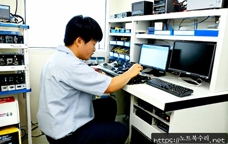 작전동 아이맥 판매 및 수리 - Photorealistic electronics repair bench in a compact Jakjeon-dong computer service shop, silver all-...