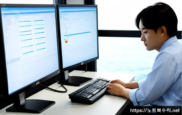 선감동 STATUS_DISK_CORRUPTION - Photorealistic IT support workstation in a compact modern office near a quiet waterfront district, d...