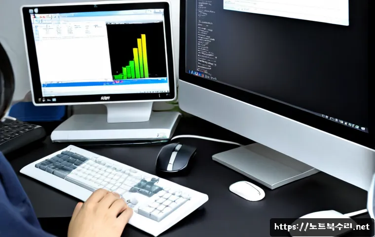 중학동 STATUS_DISK_NOT_INITIALIZED - Photorealistic Korean office workstation in Jung-hak-dong, a desktop PC displaying a blank disk mana...