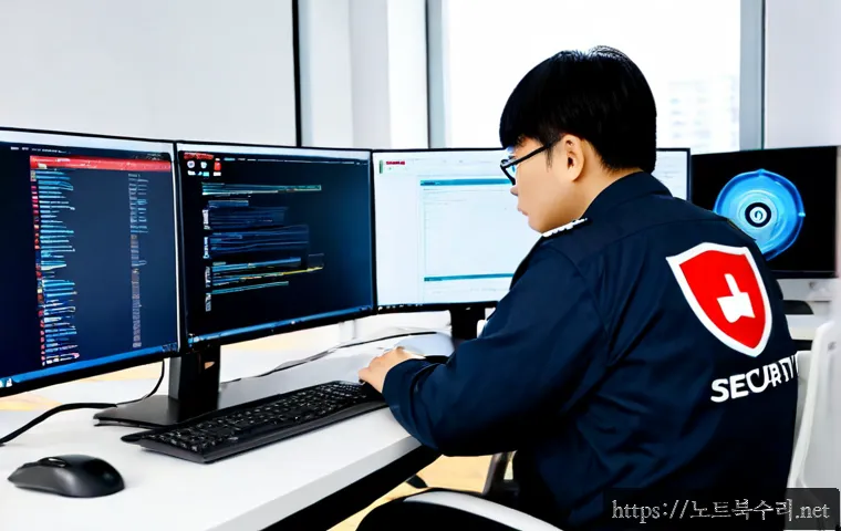 영통구 STATUS_PROTECTION_ERROR - Photorealistic IT support workstation in Yeongtong-gu, dual monitors showing a sleek abstract securi...