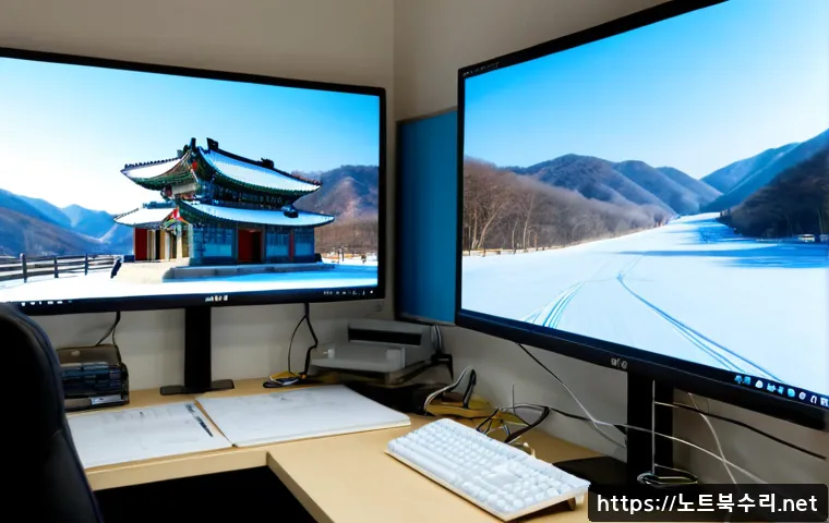 삼산면 pc에 문제가 발생하여 다시 시작해야 합니다 - Photorealistic rural Korean office workstation in Samsan-myeon, dual monitors showing a frozen unbra...