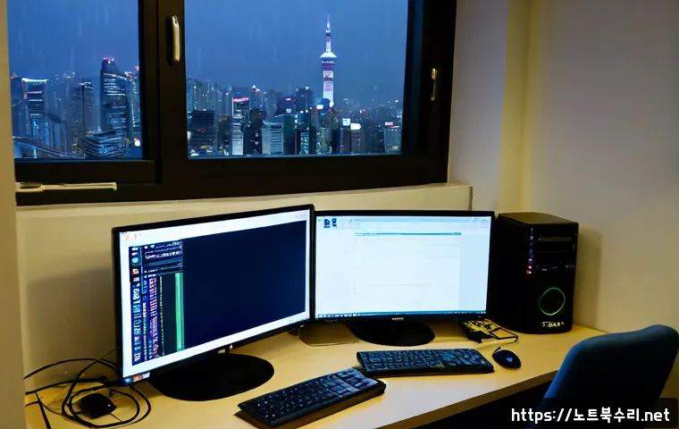 단대동 STATUS_KERNEL_NETWORK_ERROR - Photorealistic remote IT support workstation in a compact Dandae-dong apartment office, dual monitor...