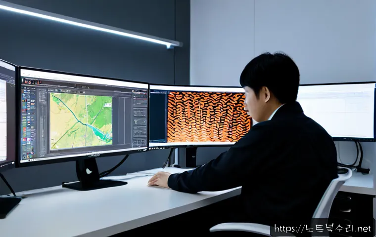 가사동 STATUS_RESOURCE_NOT_OWNED - Photorealistic IT support workstation in a compact Gasa-dong office, dual monitors showing abstract ...