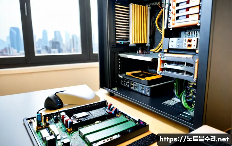길동 메인보드조립 및 교체수리 - Photorealistic PC repair workstation in a compact Gildong electronics service studio, technician car...