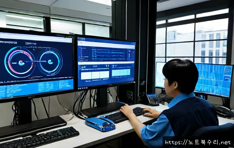 관수동 STATUS_KERNEL_RESOURCE_ERROR - Photorealistic IT support workstation in a compact central Seoul office, dual monitors showing a non...
