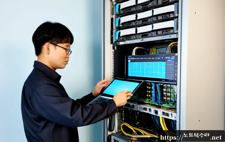 월계동 서버출장방문수리점 - Photorealistic onsite server repair inside a compact office near a dense residential apartment distr...