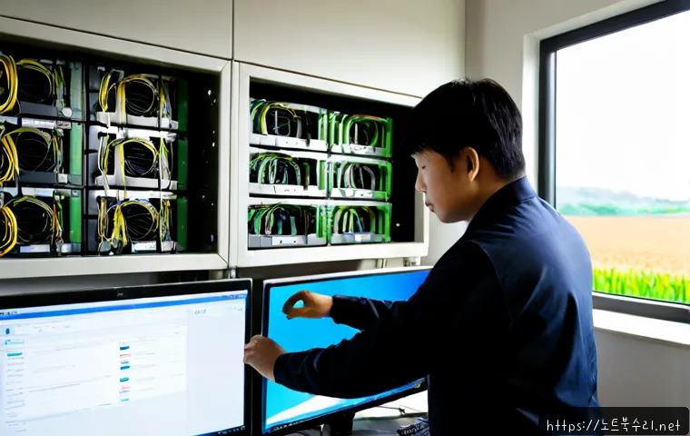 양사면 파일서버출장방문수리점 - Photorealistic on-site file server repair inside a compact rural office, technician connecting diagn...