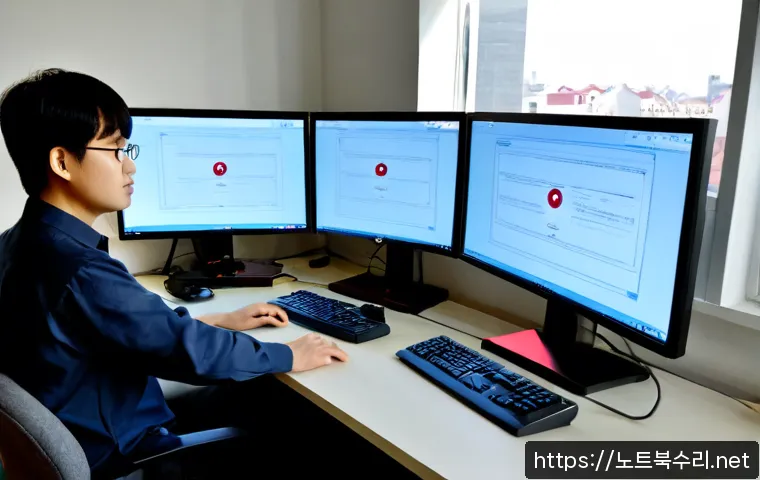 다남동 STATUS_UNSUCCESSFUL - Photorealistic remote-support workstation in a compact Korean neighborhood office, dual monitors sho...