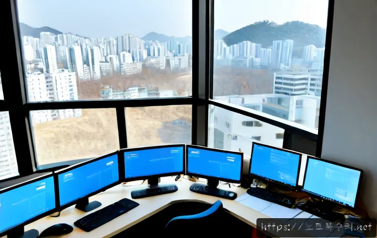 거여동 POOL_CORRUPTION_IN_FILE_AREA - Photorealistic remote-support workstation in a compact Geoyeo-dong apartment office, dual monitors s...