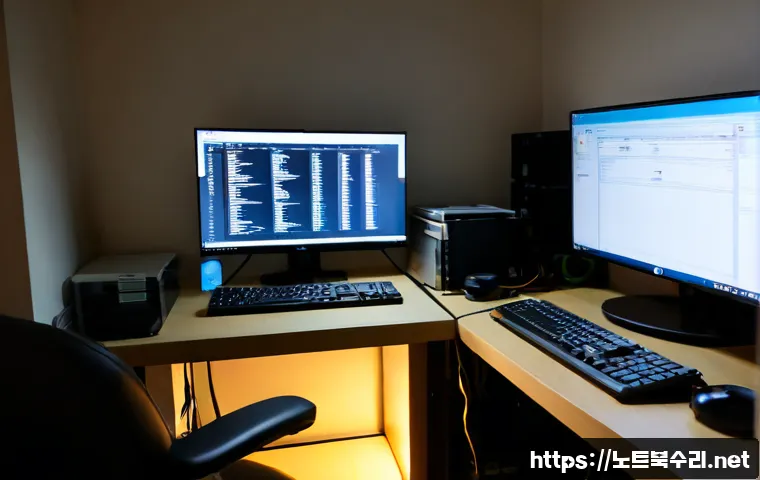 사당동 STATUS_FILE_READ_FAILURE - Photorealistic IT support workstation in a compact Seoul apartment office near a low hillside, deskt...