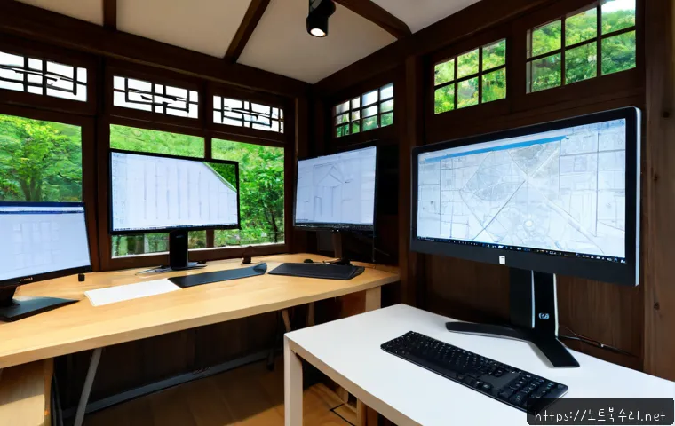 소격동 STATUS_SYSTEM_FILE_MISSING - Photorealistic creative workstation inside a quiet Sokgyeok-dong design studio, dual monitors showin...