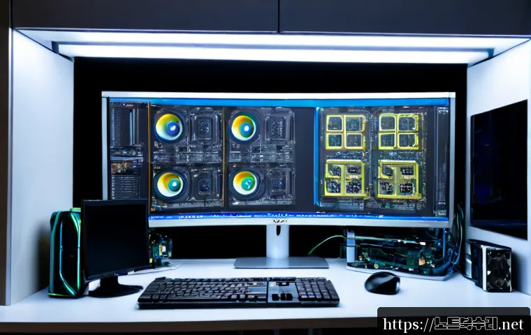 고기동 VIDEO_MEMORY_MANAGEMENT_INTERNAL - Photorealistic high-performance desktop workstation during an intensive 3D CAD assembly session, dua...