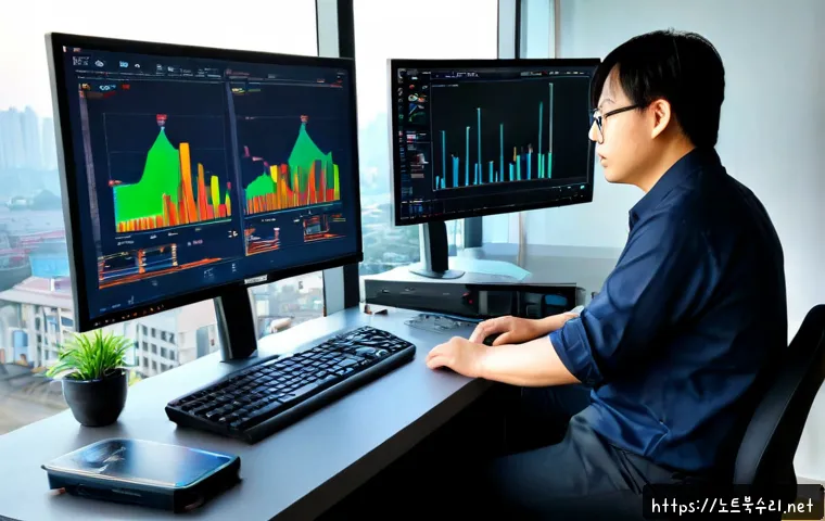 당산동 STATUS_KERNEL_MEMORY_LEAK - Photorealistic IT support workstation in a modern Dangsan-dong office near the Han River, dual monit...