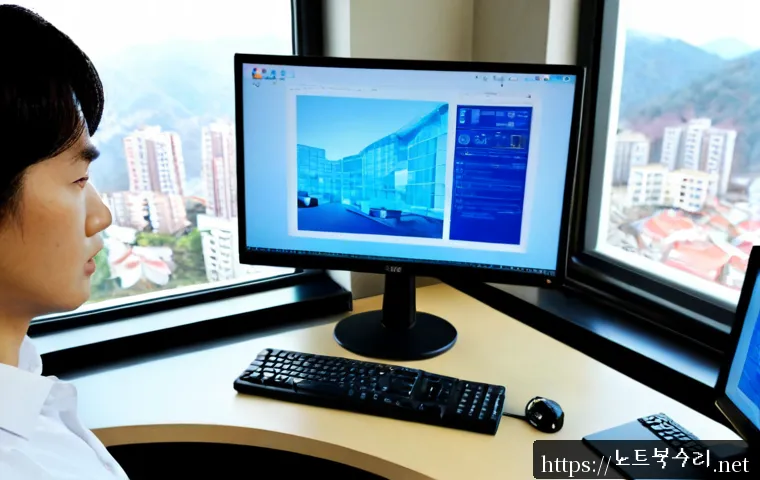 사당동 STATUS_KERNEL_THREAD_TIMEOUT - Photorealistic IT support workstation in a compact Sadang-dong office, dual monitors showing abstrac...