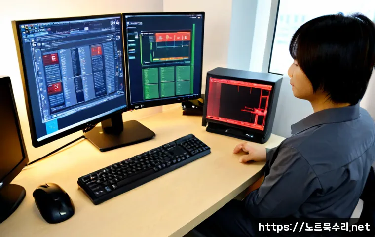 송죽동 STATUS_KERNEL_MODULE_ACCESS_DENIED - Photorealistic IT support workstation in a compact Songjuk-dong office, desktop tower opened beside ...