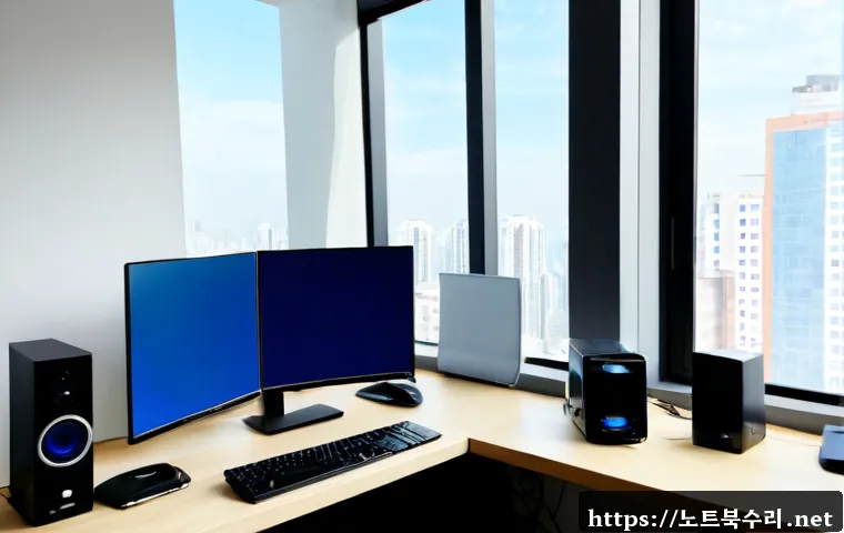 호매실동 블루스크린 - Photorealistic remote IT support scene in a modern Homaesil-dong apartment home office, dual-monitor...