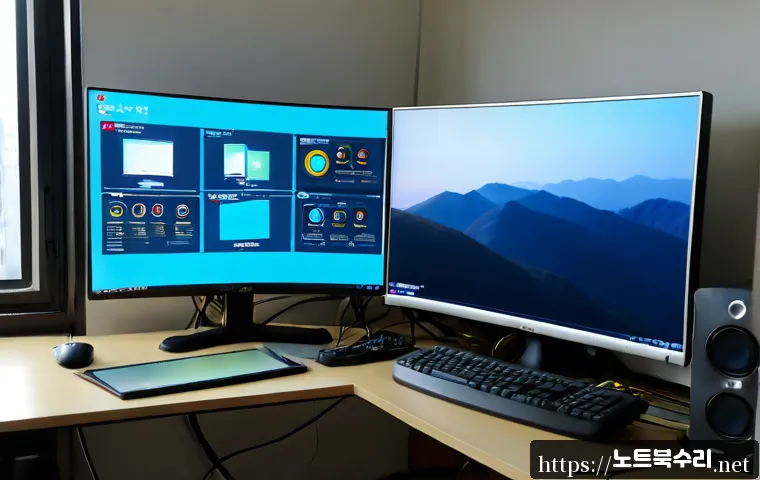 청룡동 자동복구 - Photorealistic IT support workstation in Cheongnyong-dong, an ultrawide monitor showing a clean reco...