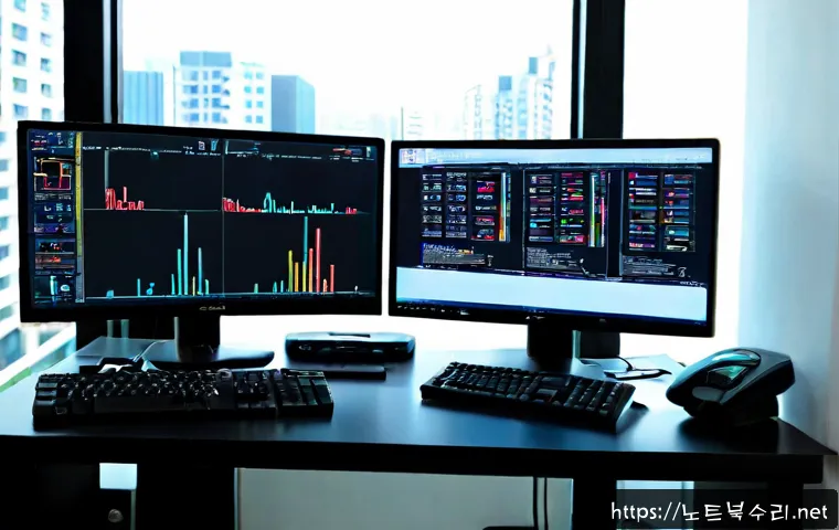 미산동 STATUS_KERNEL_CONFIGURATION_ERROR - Photorealistic IT support workstation in a quiet Misandong apartment office, dual monitors showing a...