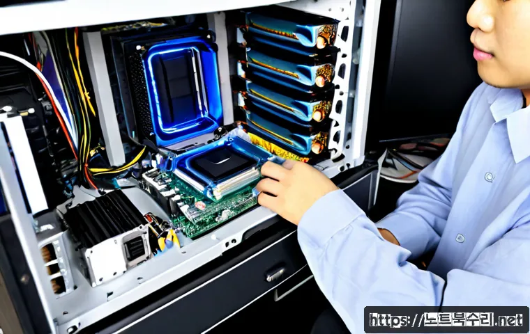 순화동 쿨러조립 및 교체수리 - Photorealistic PC repair workstation in Sunhwa-dong, technician carefully installing a tower CPU air...