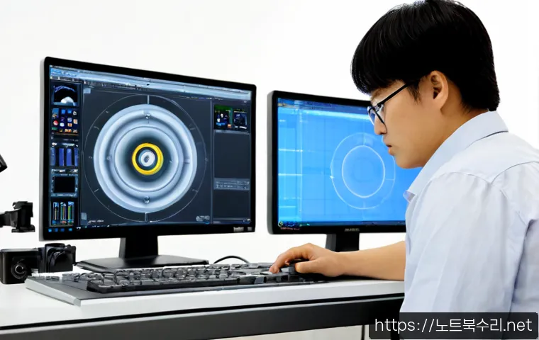 예지동 STATUS_INVALID_PAGE - Photorealistic technical workstation in a compact Seoul craft district studio, engineer studying a b...