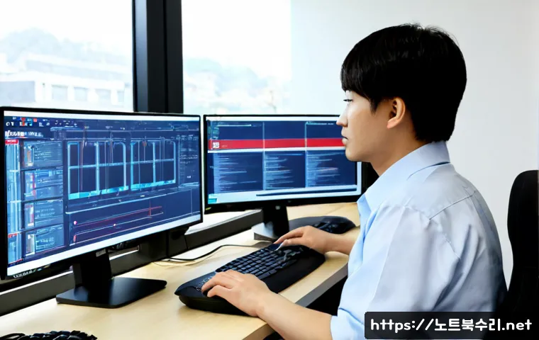 여월동 STATUS_NETWORK_ACCESS_DENIED - Photorealistic IT support workstation in a quiet Korean suburban office, dual monitors showing abstr...