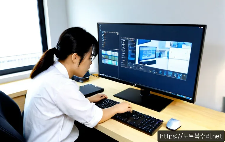 오류동 pc복구중 - Photorealistic PC recovery workstation in a compact Oryu-dong apartment office, technician carefully...