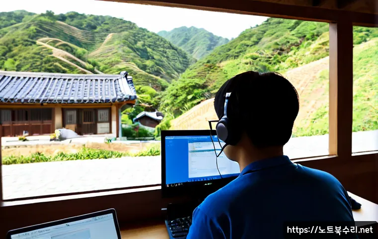 청운효자동 STATUS_SESSION_TIMEOUT - Photorealistic remote-support workstation in a quiet hillside neighborhood, desktop monitor showing ...