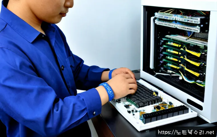 도일동 메모리조립 및 교체수리 - Photorealistic computer repair workstation in a compact Dongil-dong style office, technician wearing...
