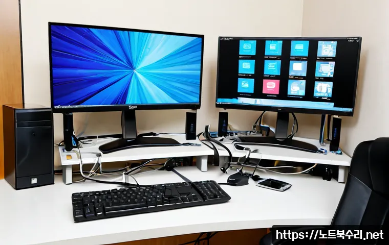 내가면 DRIVER_CAUSED_SYSTEM_CRASH - Photorealistic IT support workstation, dual monitors showing a frozen abstract desktop with blank er...