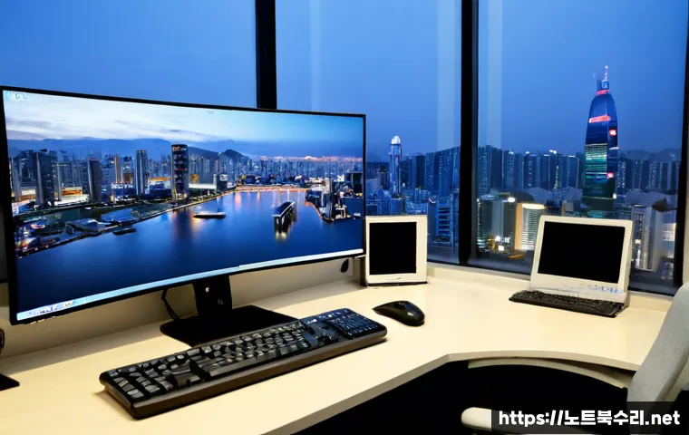 방이동 STATUS_KERNEL_DISK_ERROR - Photorealistic remote IT support workstation in a Bangi-dong apartment office, ultrawide monitor sho...
