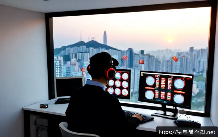 율천동 STATUS_KERNEL_MODULE_ACCESS_DENIED - Photorealistic IT support workstation in a compact Yulcheon-dong apartment office, dual monitors sho...