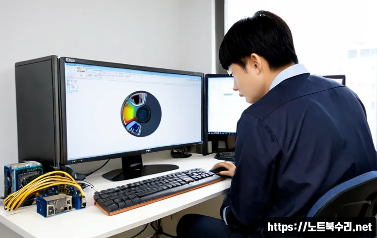 서랑동 pc복구중 - Photorealistic IT recovery workstation in a compact Seorang-dong office, technician restoring a desk...