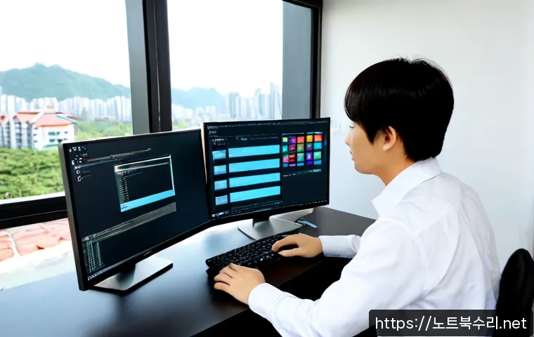 보정동 PFN_LIST_CORRUPT - Photorealistic IT support workstation in a modern Bundang home office, dual monitors showing a clean...
