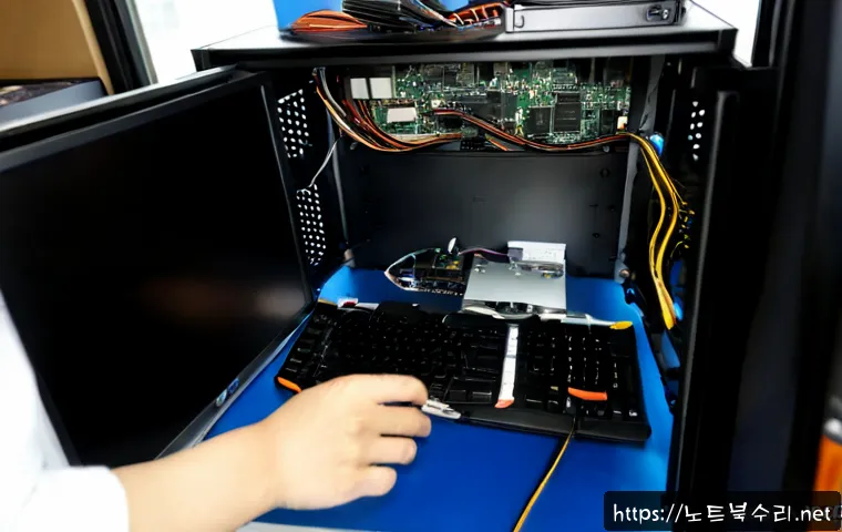 아양동 그래픽카드조립 및 교체수리 - Photorealistic PC repair workstation in a compact Korean neighborhood electronics shop, technician c...