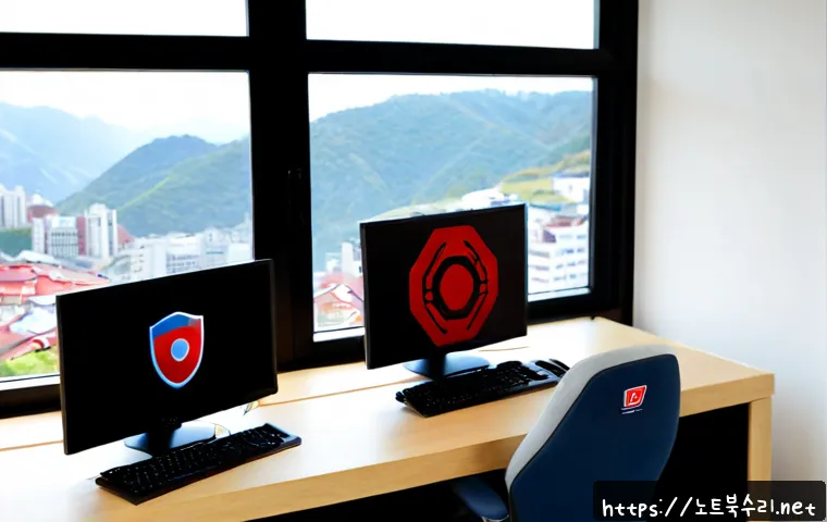 가운동 STATUS_KERNEL_MODULE_ACCESS_DENIED - Photorealistic IT support workstation in a modern apartment office overlooking soft hills and cluste...