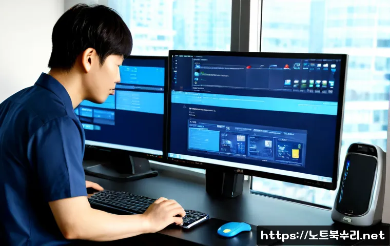 양주동 STATUS_KERNEL_DEBUG_FAILURE - Photorealistic remote IT support workstation in Yangju-dong, dual monitors showing a clean abstract ...