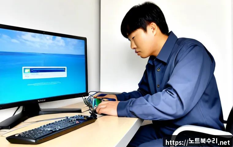 옹진군 NTLDR is compressed - Photorealistic remote-support workstation in a quiet island county office, technician examining a de...