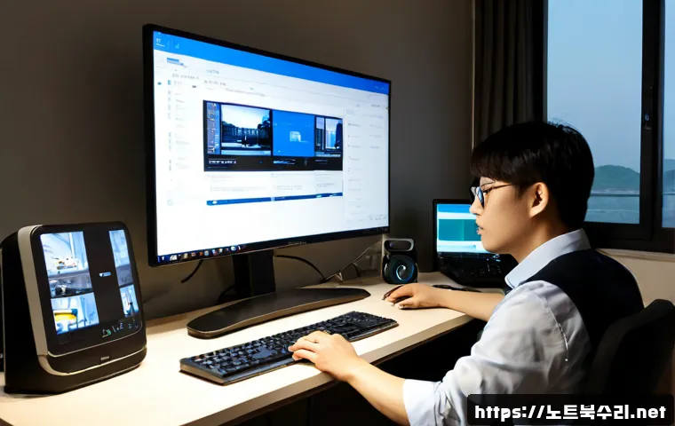옥수동 VIDEO_MEMORY_MANAGEMENT_INTERNAL - Photorealistic remote IT support workstation in a compact Oksu-dong apartment, dual monitors showing...