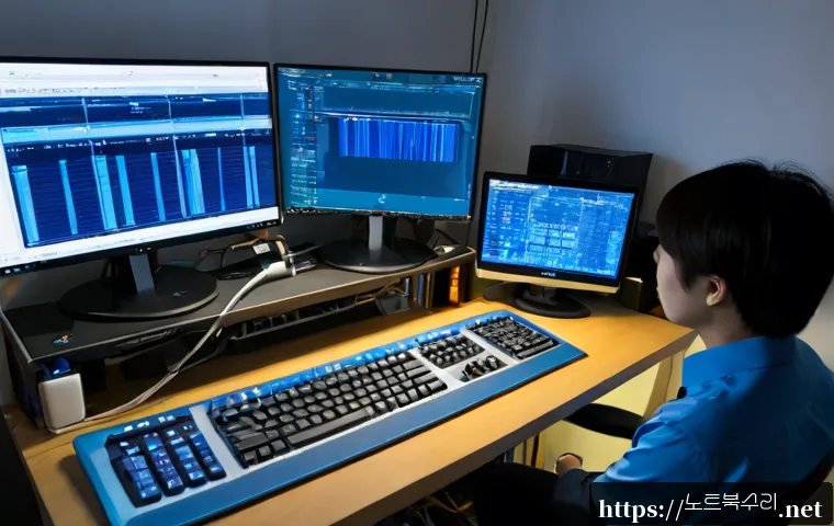 본오동 STATUS_KERNEL_DATA_CORRUPTION - Photorealistic remote-support workstation in a compact apartment office near a Korean residential di...