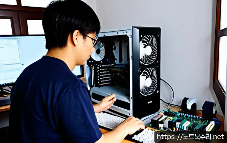 내곡동 쿨러조립 및 교체수리 - Photorealistic desktop PC repair workstation in a quiet Naegok-dong home office, technician installi...